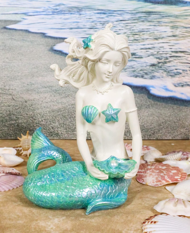 Ebros Gift Nautical Capiz Blue Tailed Siren Mermaid with Seashell and Starfish Statue Ocean Aquamarine Princess Coastal Beach Under The Sea Decorative Accent (Holding Pearl Shell) - Image 2